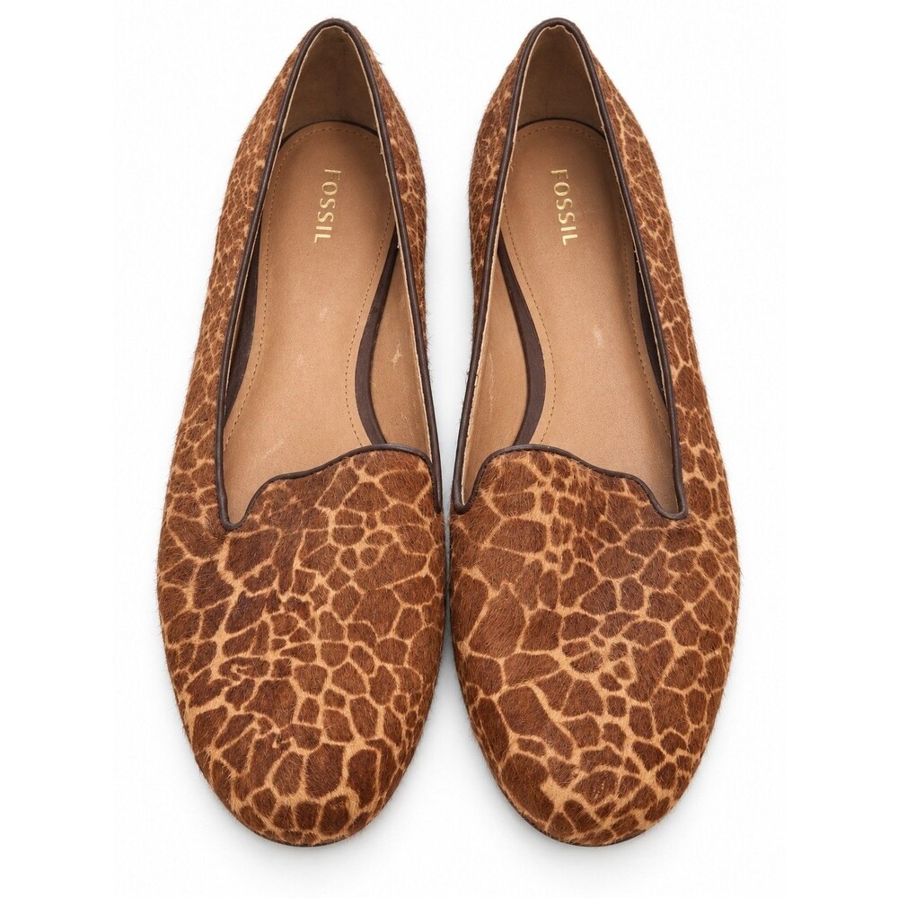 Fossil Women’s Size 10 Giraffe Print Calf Hair Loafers Brown Slip-On Flats